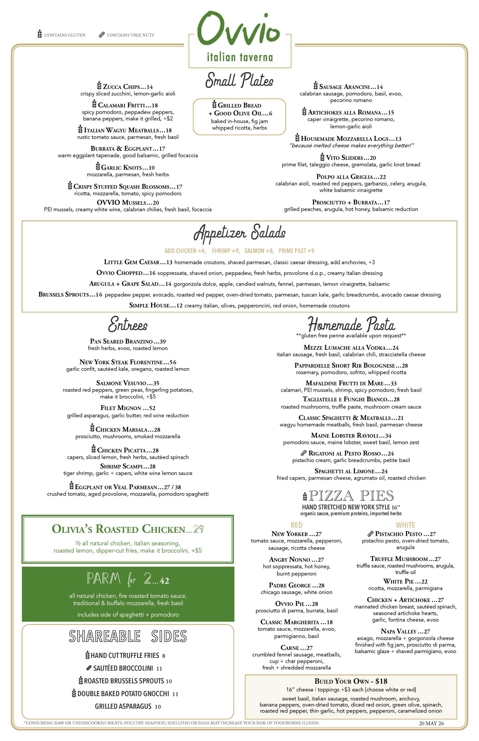 Ovvio Dinner Menu 05.20.26 Page 1